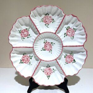 Hand Painted Vestal Portugal Divided Serving Dish Tray Pink Floral Ceramic VTG